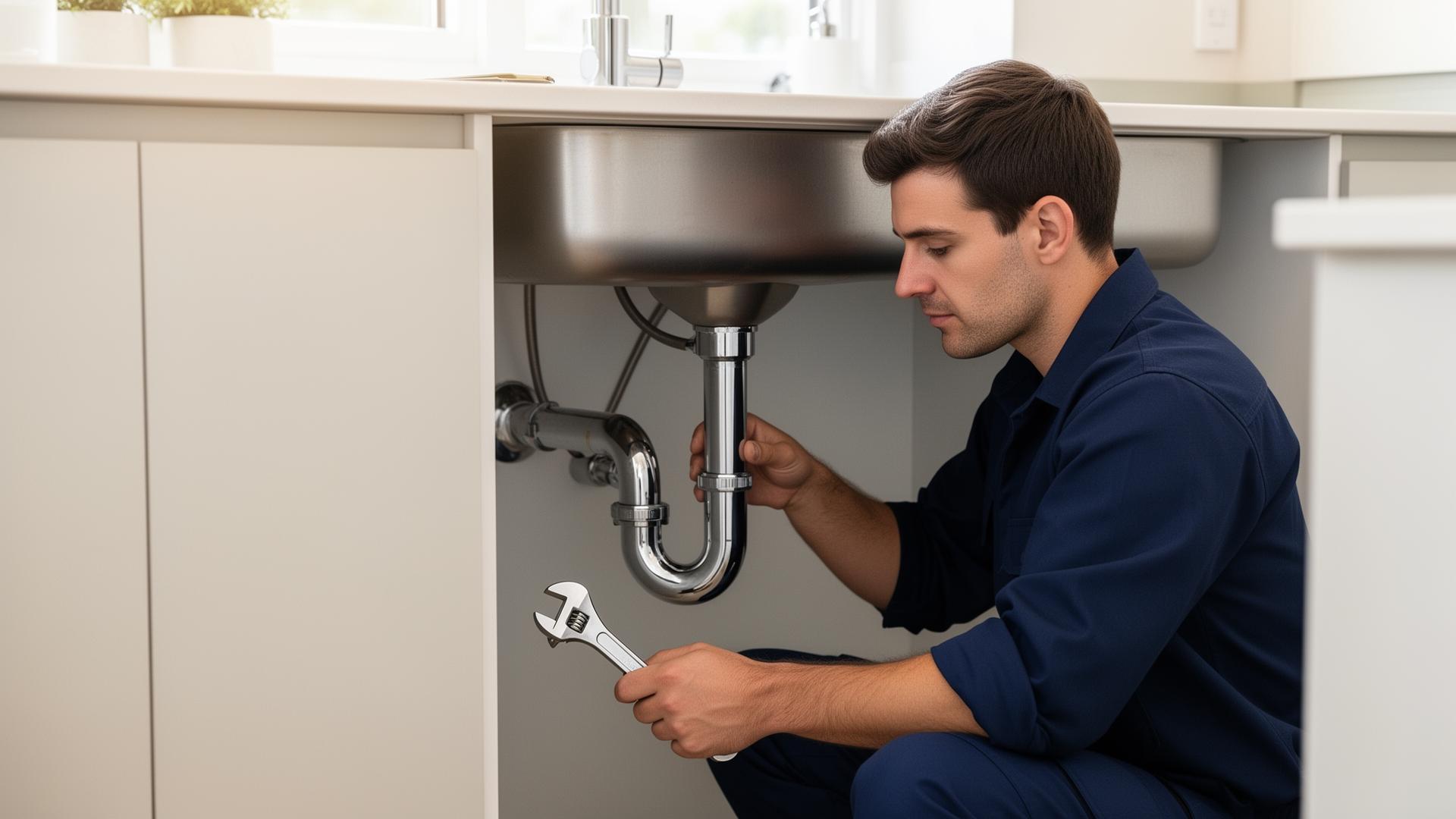Professional plumber repairing pipes under a modern kitchen sink